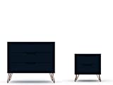 Manhattan Comfort Rockefeller Mid-Century Modern 3 Drawer Bedroom Dresser with Nightstand, Set of 2, Midnight Blue