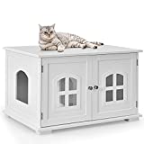 Tangkula Cat Litter Box Enclosure, Nightstand Cat House w/Double Doors & Windows, Cat Washroom Storage Bench, Decorative Pet House w/Optional Side Entryway, Large Litter Box Furniture Hidden