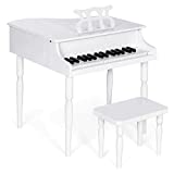 Best Choice Products Kids Classic Wooden 30-Key Mini Grand Piano Musical Instrument Toy w/ Piano Lid, Bench, Foldable Music Rack, Song Book, Note Stickers, Enamel Finish - White