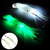 Dr.Fish Saltwater LED Fishing Squid Lure Octopus Lure Trolling Baits Offshore Teaser Bait Built-in LED Deep Sea Flasher Surf Fishing Lures White & Green 6 Inches