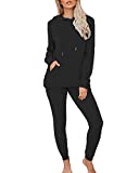 Eurivicy Women's 2 Piece Sweatsuit Set Knit Solid Long Sleeve Hooded Pullover and Pocketed Sweatpants Joggers Outfits Sets Black