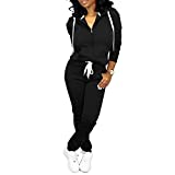 CLOCOR Two Piece Outfits For Women - Casual Two Piece Sweatsuit Pocket Tracksuit Long Sleeve With Patchwork Pants Set Black-1-L