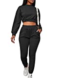 BORIFLORS Women's Workout Track Suit 2 Piece Outfits Long Sleeve Sweatsuits Jogger Pants Sets,Small,Black