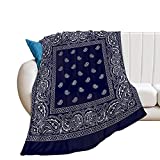 Navy Blue Bandana Paisley Print Flannel Blanket Throw Lightweight Soft Warm Bed Blanket for Couch Sofa Chair Living Bedroom All Seasons Use