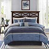 Madison Park Cozy Comforter Set Casual Modern Design All Season, Matching Bed Skirt, Decorative Pillows, Queen (90 in x 90 in), Blue Grey, 7 Piece
