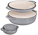 2-in-1 Enameled Cast Iron Cocotte Double Braiser Pan with Grill Lid 3.3 Quarts - Barbecue Grill Non Stick Frying Pan - Casserole Cookware Wide Handle (Grey)