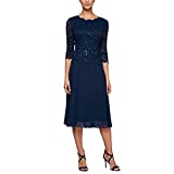 Alex Evenings Women's Tea Length Sequin Mock Dress (Petite and Regular), Navy, 12