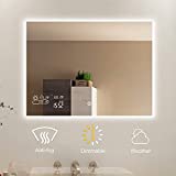 BYECOLD Horizontal Vanity Touch Switch Bathroom Mirror Weather Forecast, LED Illuminate Light Demist/Defogging Makeup Wall Mirror with Calendar Time Date Temperature Humidity Display-31.5’’x23.6’’