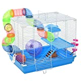 PawHut 2-Level Hamster Cage Rodent Gerbil House Mouse Mice Rat Habitat Metal Wire with Exercise Wheel, Play Tubes, Water Bottle, Food Dishes, & Interior Ladder