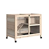 PawHut Indoor Rabbit Hutch with Wheels, Desk and Side Table Sized, Wood Rabbit Cage, Waterproof Small Rabbit Cage, Natural