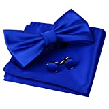 GUSLESON Mens Pure Color Pre-tied Blue Bow Tie Pocket Square and Cufflink Set (0570-08)