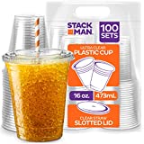 [100 Sets - 16 oz.] Clear Plastic Cups with Straw Slot Lid, PET Crystal Clear Disposable 16oz Plastic Cups with lids