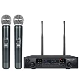 Wireless Microphone System, Phenyx Pro Dual Channel Cordless Mic Set with 2 Handhelds, 2x100 Channels, Auto Scan, Lock Function, 328ft Coverage, Ideal for DJ, Church, Events (PTU-71A)