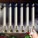 Flameless Window Candles with Timer & Remote, 10" Battery Operated 3D Wick LED Flickering Window Candles for Christmas Decoration, Removable Gold Holder and Suction Cups Included(6 Pack)