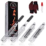 BBQ Bros Kabob Grill Baskets - Set of 4 Kebab Stainless Steel Baskets - Foldable - Dishwasher Safe - Includes Oil Brush Bottle & Grill Gloves - Shish Kabob Recipe Included - Premium Barbecue Tool Sets