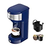 Single Serve Coffee Maker Coffee Brewer for K-Cup Single Cup Capsule and Ground Coffee, Single Cup Coffee Makers with 6 to 14oz Reservoir, Mini Size (Blue)