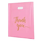MUKOSEL 100Pcs Thank You Merchandise Bags, Extra Thick 2.36Mil 12x15In Retail Shopping Bags for Goodie bags, Party, Stores, Boutique, Clothes, Reusable Plastic Bags with Handle (Pink Gold Text)