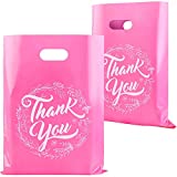 Ruisita 100 Pack Thank You Merchandise Bags Plastic Thank You Bags Retail Shopping Goodie Bag Reusable Gift Bags Bulk with Handles for Boutique, Clothes, Stores (Pink, 12 x 15 Inches)