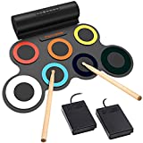 7 Pads Electronic Drum Set, Roll-Up Drum Practice Pad Drum Kit with Headphone Jack Built-in Speaker Drum Pedals Drum Sticks 10 Hours Playtime, Great Holiday Birthday Gift for Kids (Colorful)