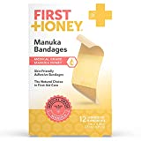 First Honey Manuka Honey Adhesive Bandages 12 Pack | Latex Free, Antibiotic Free Wound Dressing | Medical Grade Honey Adhesive Pads | First Aid Care Burns, Cuts, Scrapes, Wounds, Lacerations