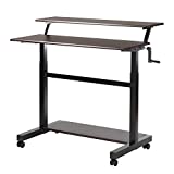 UNICOO – Crank Adjustable Height Standing Desk, 2 Tier Adjustable Sit to Stand up Desk, Mobile Standing Desk, Rolling Desk – (Black Frame/Dark Walnut Top) 2T-Crank