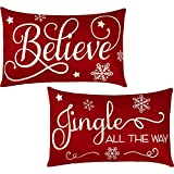 2 Pieces Christmas Pillow Covers 20 x 12 Inch Xmas Throw Pillow Covers Xmas Believe Pillow Cases Red Xmas Cushion Cover Rectangle Xmas Linen Pillowcases for Home Bedroom Christmas Decorations