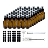 Mockins 48 Pack Amber 2 Oz Spray Glass Bottle | The Amber Misting Glass Bottles Includes Sprayers & a Funnel and Brush with Bonus Labels to Easily Identify it's Contents