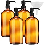 32 Ounce Large Amber Glass Boston Round Bottles with Stainless Steel Pumps and Funnel. Great for Lotions, Laundry Soaps, Oils, Sauces, Shampoo, Detergent Medical Grade -(4 Bottles) by kitchentoolz