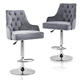 Velvet Bar Stools Chairs Adjustable Height Swivel Bar Stool with Button Tufted Upholstered Barstools Footrest and Back for Counter Kitchen Island Kitchen 2 Pack (Grey)