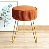 Modern Velvet Round Footstool Ottoman, Brown Ottoman Vanity Stool Foot Rest with Gold Legs, Upholstered Pleated Vanity Chair Ottoman Stool, Makeup Stools for Vanity, Footrest for Living Room, Bedroom