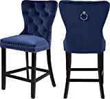 Meridian Furniture Nikki Collection Modern | Contemporary Velvet Upholstered Counter Stool with Wood Legs, Button Tufting, and Chrome Nailhead Trim, Set of 2, Navy, 21" W x 24.5" D x 43" H