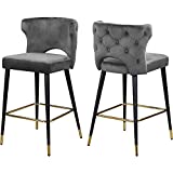 Meridian Furniture Kelly Collection Modern | Contemporary Velvet Upholstered Counter Height Stool with Gold Tipped, Black Metal Legs, Grey, 22" W x 19" D x 38.5" H