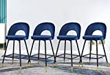Counter Height Stools Set of 4 - Velvet Barstools Bar Stools Modern High Dining Chairs for Kitchen Island Home, Arched Back and Arm (Blue)