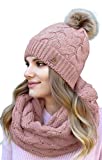 Winter Knit Pom Beanie Hat Scarf Set Women Cute Soft Warm Infinity Scarves (Pink Fleece Lined)