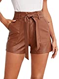 Floerns Women's Casual Belted Wide Leg High Waisted Leather Shorts with Pocket Brown L
