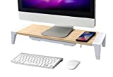 Bostitch Office Wooden Monitor Stand with Wireless Charging Pad, Drawer for Storage, Adjustable Height Riser Includes Removable Non-Skid Rubber Feet - Wood Grain and White (STND-2408WH)