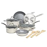 Goodful Ceramic Nonstick Cooking Set, Titanium-Reinforced Premium Non-Stick Coating, Dishwasher Safe Pots and Pans, Tempered Glass Steam Vented Lids, Stainless Steel Handles, 12-Piece, Cream