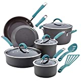 Rachael Ray Cucina Hard Anodized Nonstick Cookware Pots and Pans Set, 12 Piece, Gray with Blue Handles