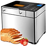 KBS Large 17-in-1 Bread Machine, 2LB All Stainless Steel Bread Maker with Auto Fruit Nut Dispenser, Nonstick Ceramic Pan, Full Touch Panel Tempered Glass, Reserve& Keep Warm Set, Oven Mitt and Recipes