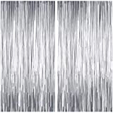 Xtozon 2pcs 3.3ft x 8.3ft Metallic Fringe Curtains Foil Fringe Curtain, Tinsel Curtain Photo Booth Props Backdrops for Birthday Wedding Bridal Baby Shower Celebration Party Decorations (Silver)