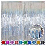 Foil Curtain, Melsan 2 Pack 3.2 ft x 8.2 ft Tinsel Foil Fringe Curtains Backdrop, Sparkle Metallic Foil Curtains for Party Photo Booth Props Decoration, Silver