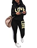 Women's Tracksuit Cowl Neck Long Sleeve Sweatshirt and Sweatpants set Letter Print 2 Piece Outfits Black L