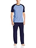 Hanes Men's Adult X-Temp Short Sleeve Cotton Raglan Shirt and Pants Pajamas Pjs Sleepwear Lounge Set - Blue (Large)
