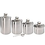 Beautiful Canisters Sets for the Kitchen Counter, Small Sized, Stainless Steel with Glass Lids and 20 ml Measuring Scoop - SilverOnyx Tea Coffee Sugar Canisters - 4 Canisters