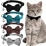 4 Pieces Breakaway Cat Collars with Bell and Bowtie Comfortable Velvet Cat Collar with Cute Safety Buckle Solid Color Pet Collar for Pet Kitten Cats Puppy (Black, Gray, Coffee, Blue)