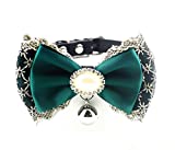 COCOPET Luxury Handmade Bling Rhinestone Japanese Kimono Bow Tie Collar with Bell Necklace Jewelry for Small Doggie Cats Puppies Girl Costume Pink (XS) (Green)