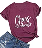 LUKYCILD Chaos Coordinator Shirt Women Preschool Teacher Shirts Letter Print Short Sleeve Funny Mom Tee Tops Wine Red