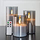 Eywamage Gray Glass Flameless Candles with Remote, Flickering LED Battery Candles 3 Pack for Home Seasonal Decor Gifts, D 3" H 4" 5" 6"
