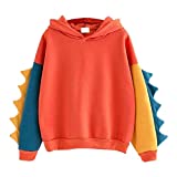 Women Casual Loose Color Block Long Sleeve Dinosaur Hoodies Pullover Tops Hooded Sweatshirt Orange