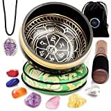 Tibetan Singing Bowl Set - Easy to Play - 7 Chakra Crystal stones with Interchangeable Cage Pendant - Handcrafted in Nepal for Meditation, Mindfulness, Yoga and Spiritual Healing